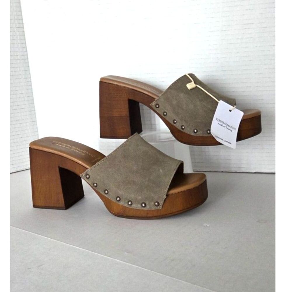 Verderosmarino Studded Taupe Suede Wood Clog Sandals NWT Sz 8 Fall